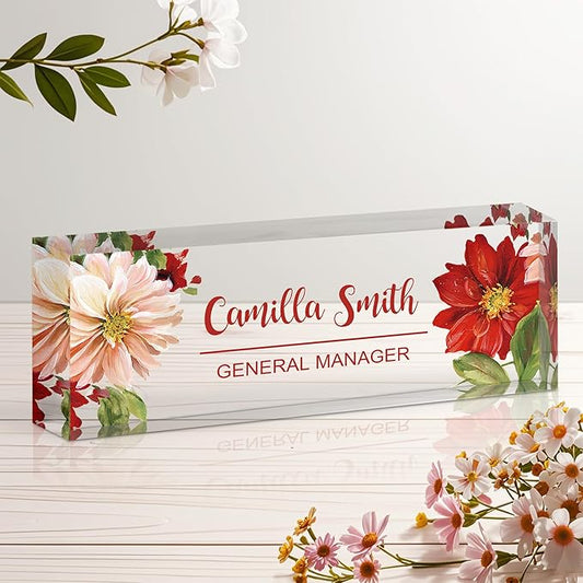Personalized Name Plate for Desk, Custom Acrylic Desk Name Sign, Office Appreciation Gifts for Women Men Coworkers Boss Teacher Employee (Flower-Lotus)