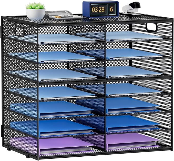 Lavatino 14 Compartments Paper Organizer for Desk, Mesh Literature Organizer, Mail File Sorter Tray with Handle, Desktop Mailbox for Office Classroom Home, Black