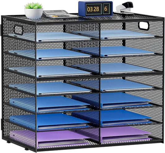 Lavatino 14 Compartments Paper Organizer for Desk, Mesh Literature Organizer, Mail File Sorter Tray with Handle, Desktop Mailbox for Office Classroom Home, Black
