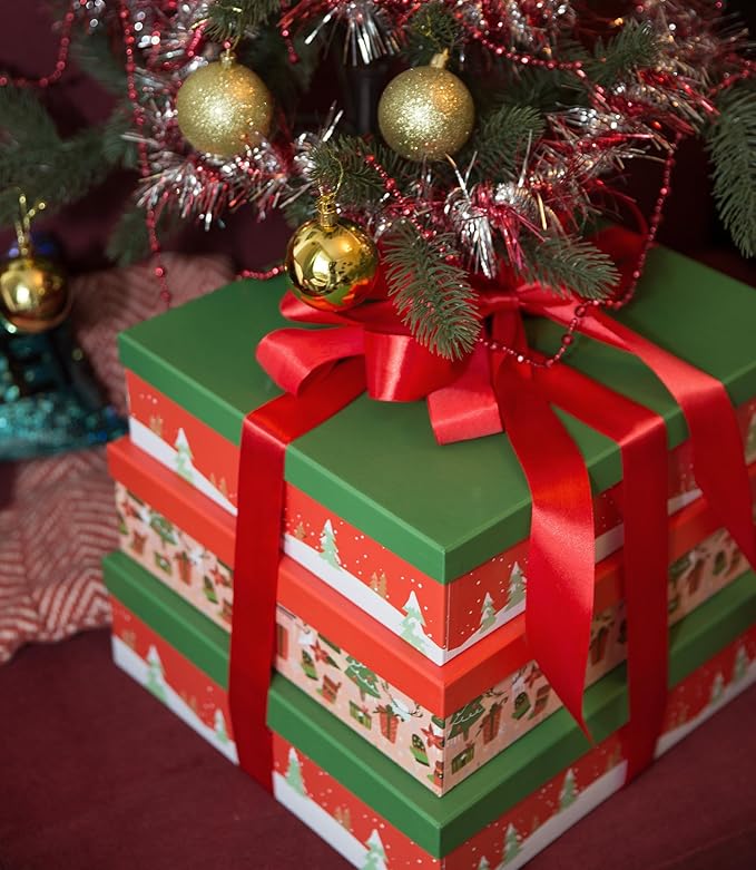 Soul & Lane Christmas Decorative Cardboard Storage Boxes, Set of 3 Nesting Festive Paperboard Gift Boxes with Lids for Presents, Seasonal Storage, Holiday Decor (Red and Green)