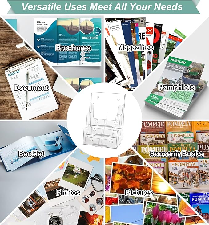 2 Pack Acrylic Brochure Holder 8.5 x 11 inches, 3 Tier Clear Brochure Display Stand with Removable Divider for Trifold 4 Inches Wide Pamphlet, Plastic Flyer Holder for Magazine, Literature, Booklet