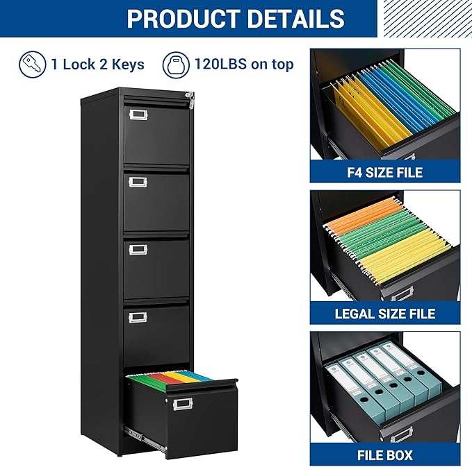 Fesbos File Cabinets - 5 Drawers Vertical 17.8" Deep Lockable Filing Cabinet - Black & Gray Metal Storage Cabinets for Home Office to Hanging Files Letter/Legal/F4/A4 Size