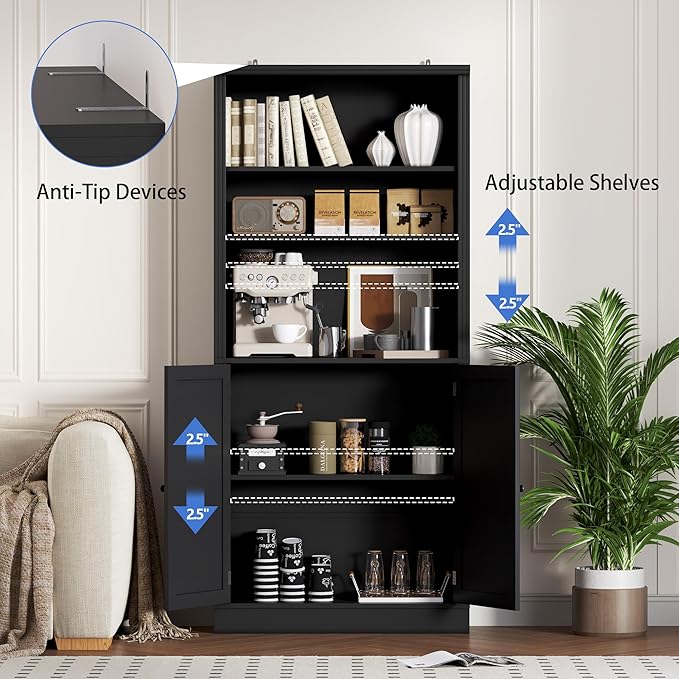 BORNOON 71.4" Tall Bookshelf with Cabinet, 5-Tier Floor Standing Bookcase with Doors & Adjustable Shelves, 31.5" Wide Storage Shelf, Metal Handles, Modern Organizer for Home Office, Living Room