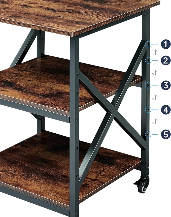 Fannova 23.6 x 23.6 Inches Large Printer Stand, 3 Tier Square Printer Table with Height Adjustable Storage Shelf, Rolling Printer Cart with Industrial Wheels for Home Office - Rustic Brown
