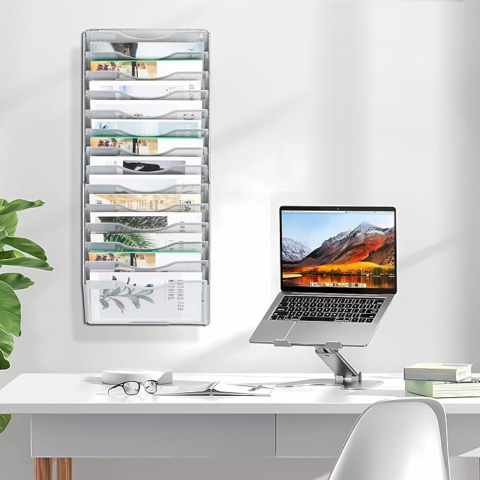 EasyPAG Wall File Organizer for Office 14 Pocket Mesh Wall Mounted Paper Organizer Hanging Folder Holder with Nametag Label for Home School, Silver