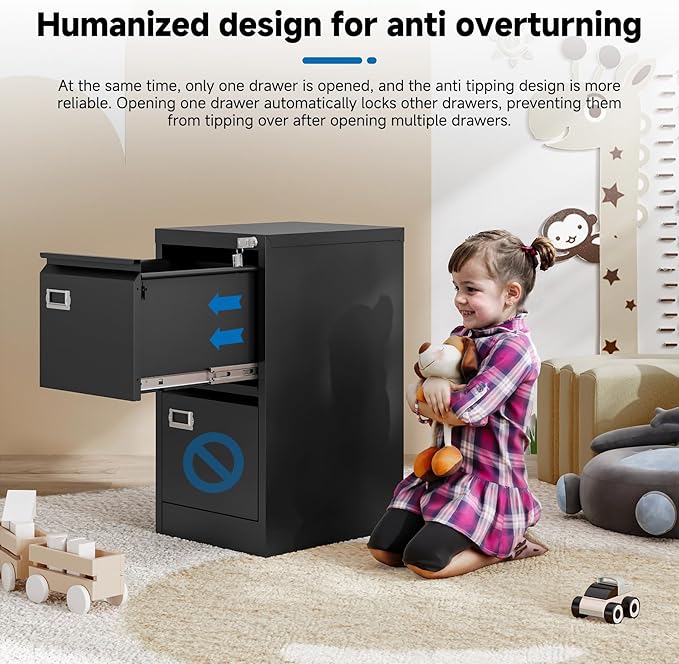 BYNSOE 2 Drawer File Cabinet with Lock Metal Vertical Filing Storage Cabinet Office Home Steel Vertical File Cabinets for A4 Legal/Letter Size Narrow File Cabinet Locked,Assembly Required