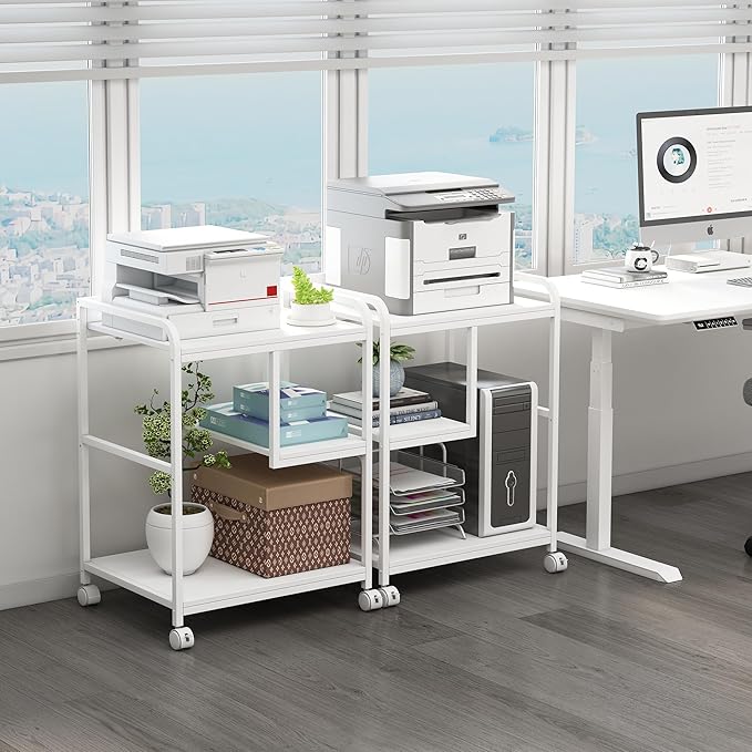 Fannova Large Printer Stand Table with Storage Shelf for Host Computer, PC Tower, CPU and Shredder, 3 Tier Rolling Printer Cart with Wheels for Home Office Storage and Organization - White