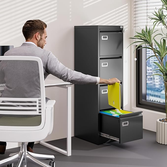 BYNSOE 4 Drawer File Cabinet with Lock Metal Vertical File Cabinet Office Home Vertical File Cabinet for A4 Legal/Letter Size Narrow File Cabinet Locked,Assembly Required (Black, 4 Drawers- Vertical)