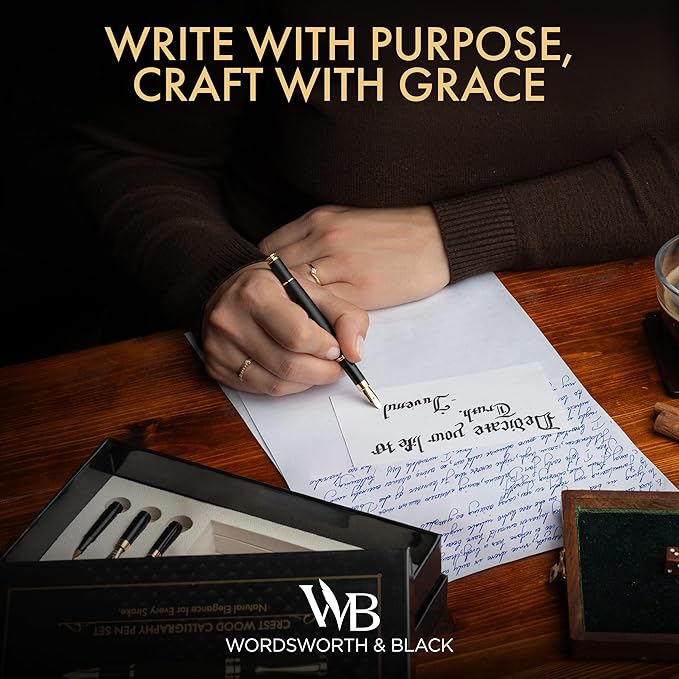 Wordsworth & Black Calligraphy Pen Gift Set, Includes Ink Bottle, 6 Ink Cartridges, Ink Refill Converter, 6 Replacement Nibs, Luxury Bamboo, Journaling, Smooth Writing Pens [Black Wood]