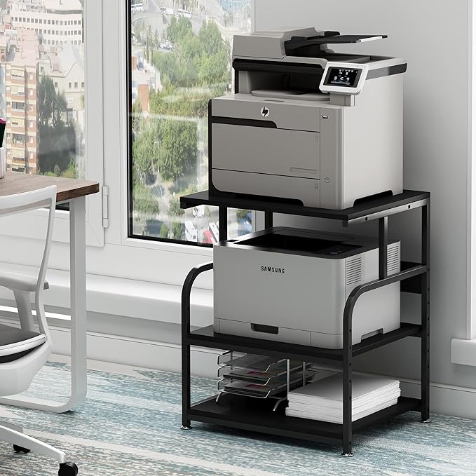 Fannova Printer Stand, 23.6 x18.9 x 30 Inches Large Printer Table with Adjustable Storage Shelf, 3 Tier Rolling Printer Cart with Wheels for Home Office, Stand for Heat Press Mini Fridge, Black