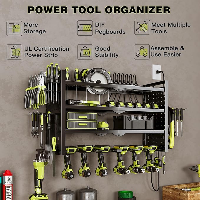 NattyDot Power Tool Organizer Wall Mount with Charging Station 4 Layer 6 Slot Cordless Drill Holder with Angle Grinder Holder (Black)