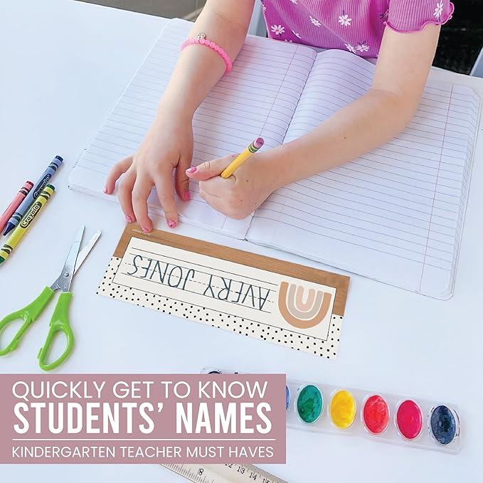 Desk Name Tags for Classroom -25 Student Name Plates for Classroom Kindergarten, Preschool, 1st, 2nd & 3rd Grade, 9x3 Teacher Nameplates for Student Desks & Cubbies, Boho Nametags