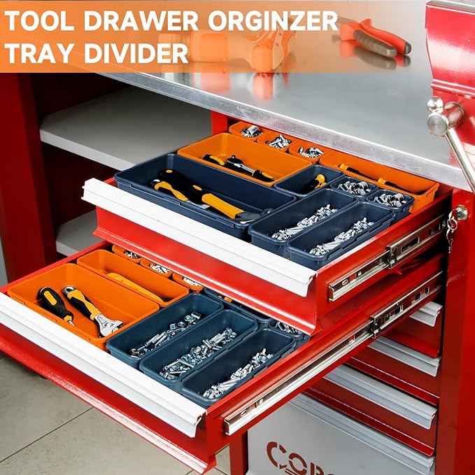 FLYVOLE Tool Box Organizer Tray, Toolbox Desk Drawer Organizer, Tool Box Tray, Toolbox Organization Storage for Rolling Tool Chest (60PCS (Blue+Orange))