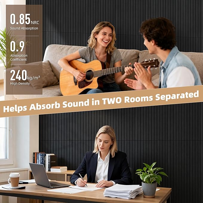 TO-TH Wood-Look Acoustic Wall Panels, 10 Pack 47.2” x 23.6” Sound Panels, Decorative Wood Panels for Wall Sound Dampening Panels for Home, Office, Basement, Smoky with Mitered Edges