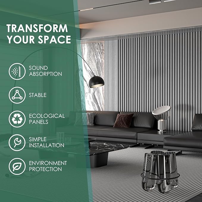 VallisCo 4-Piece Wood Slat Acoustic Panels for Stylish Interior Decor & Noise Reduction - 94.5" x 7.87" 3D Solid Wood Wall Panels for Ceiling and Wall, Covers 20.66 Sq Ft, Grey Oak