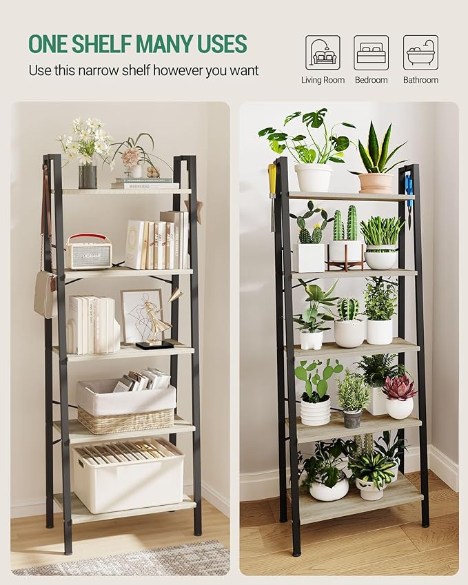Hzuaneri Ladder Shelf, Bookshelf Bookcase, Freestanding Corner Storage Shelve with 2 Hooks for Home Office, Living Room, Kitchen, Bedroom, Industrial, 11.8" D x 23.6" W x 63" H, Greige BC19305B