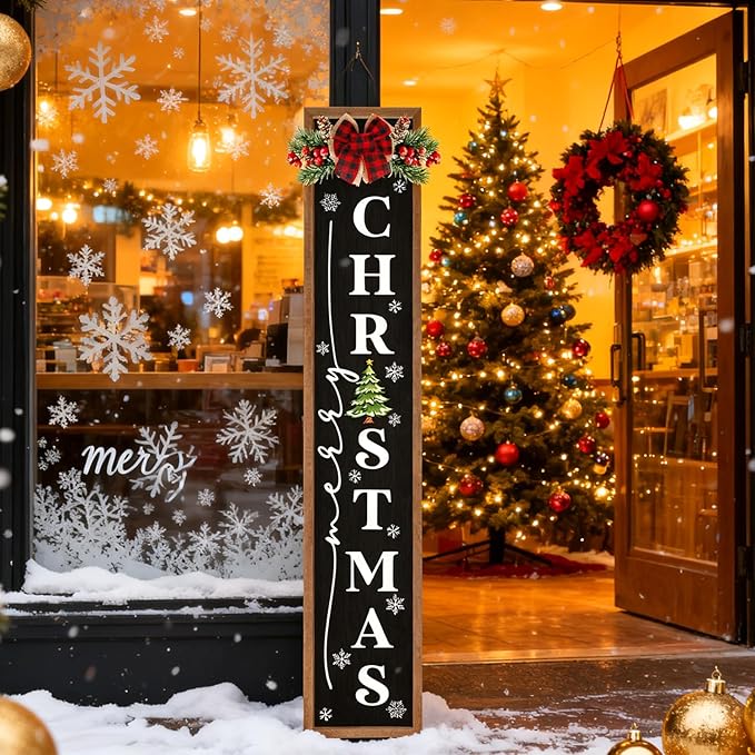 Double-sided Merry Christmas Wooden Sign Stand with Magnetic-adhesive Wreath for Front Door, 47" Farmhouse Vertical Snowman Welcome Porch Sign, 2in1 Tall Xmas Porch Leaner Decor