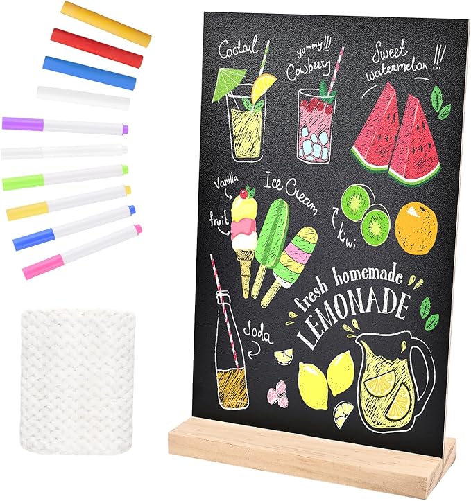 Bouiexye 1 Pack 8.1x12 in Chalkboard Signs with Stand for Tables Small Chalk Board Signs Tabletop Message Board Sign with Wood Base for Home Decorations Coffee Shop Restaurant Kitchen Wedding Party