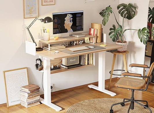 FEZIBO 55" Electric Standing Desk with Shelves, 55x24 Inches Sit Stand Rising Computer Desk with Monitor Shelf, Home Office Desks with Hook, Adjustable Height Stand Up Workstation Table, Light Walnut