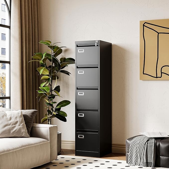 Fesbos File Cabinets - 5 Drawers Vertical 17.8" Deep Lockable Filing Cabinet - Black & Gray Metal Storage Cabinets for Home Office to Hanging Files Letter/Legal/F4/A4 Size