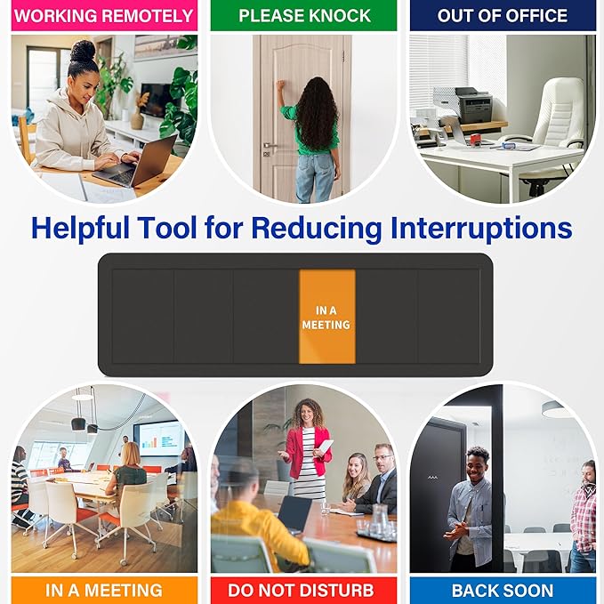 Office Door Signs with 6 Printed Status Options – Do Not Disturb, Out of Office, In a Meeting, Please Knock, Work from Home, Back Soon – Includes Custom Personalized Blank Sticker for Privacy Workspace or Studio Available and Away