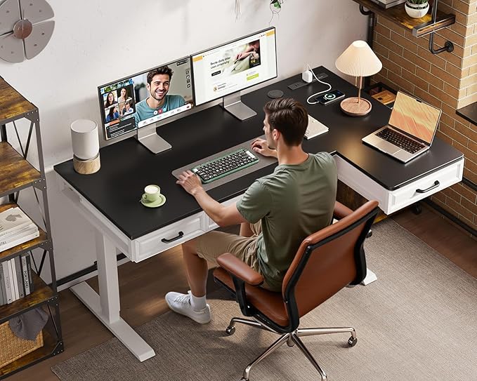 OffiGo L Shaped Electric Standing Desk with Wooden Drawers, 55 Inch Height Adjustable Corner Workstation with Power Outlets, Sit Stand Table for Home, Office, White+Black