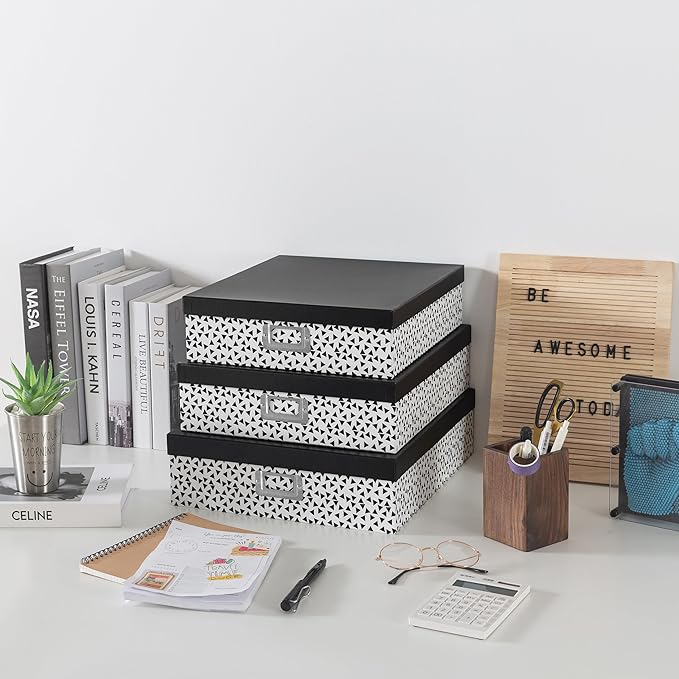 Soul & Lane Decorative Storage Boxes With Lids, Set of 3 Nesting Black and White Letter and Document Box Set for Photos, Scrapbooks, Keepsakes (Whimsical Triangles)