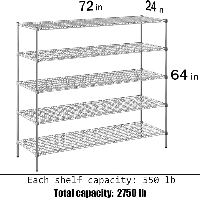 Regal Altair 24" Deep x 72" Wide x 64" Height Wire Shelving Kit | 5-Tier | NSF Commercial Storage Rack Unit