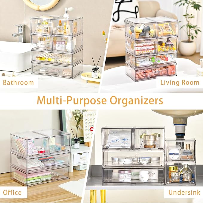 Stebopum 6 Pack Stackable Storage Drawers Clear Acrylic Organizer Makeup Bathroom Organizer and Storage Bins for Beauty Supplies,Ideal for Vanity, Bathroom,Pantry Organization