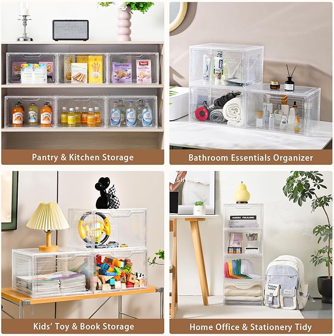 Freebat Closet Organizers and Storage, Acrylic Clear Plastic Storage Bins with Magnetic Door, 8 Pack Storage Containers for Clothes Home Organization Purse Bag Cabinet Display Closet Organizer System