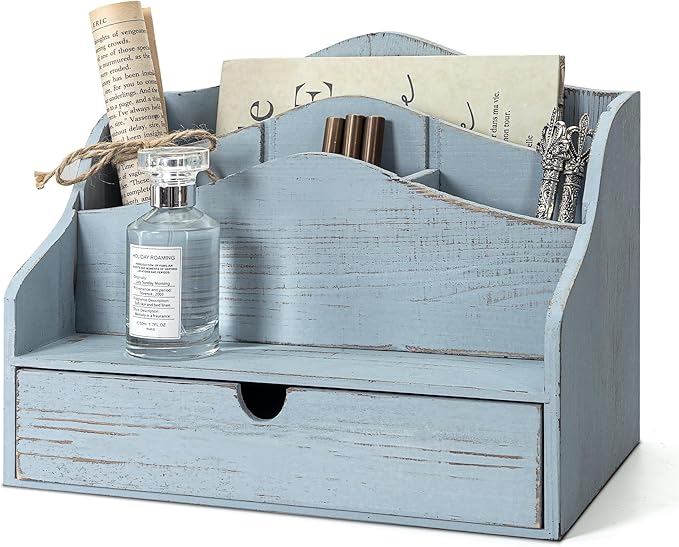 Rebee Vision Pine Wood Mail Organizer for Desk - Vintage Farmhouse Style Mail Organizer with Drawer & Dividers - 4-Slot Paper & Jewelry Sorter, Desktop Organizer for Exquisite Home Decor (Blue)