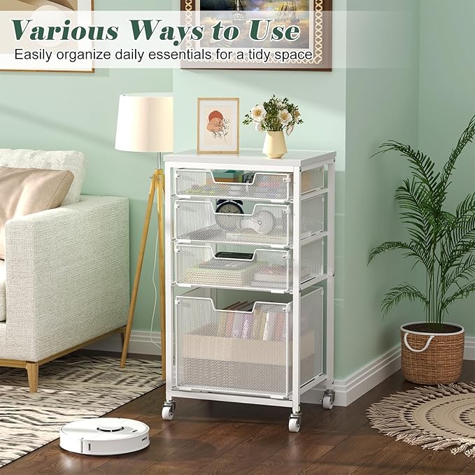 Sbanmao 4 Drawer Rolling File Cart with Wheels, Mobile Filing Cabinet for Home Office, Hanging File Organizer, Under Desk Storage, Multifunctional Utility Cart Printer Stand, White (Patent Pending)
