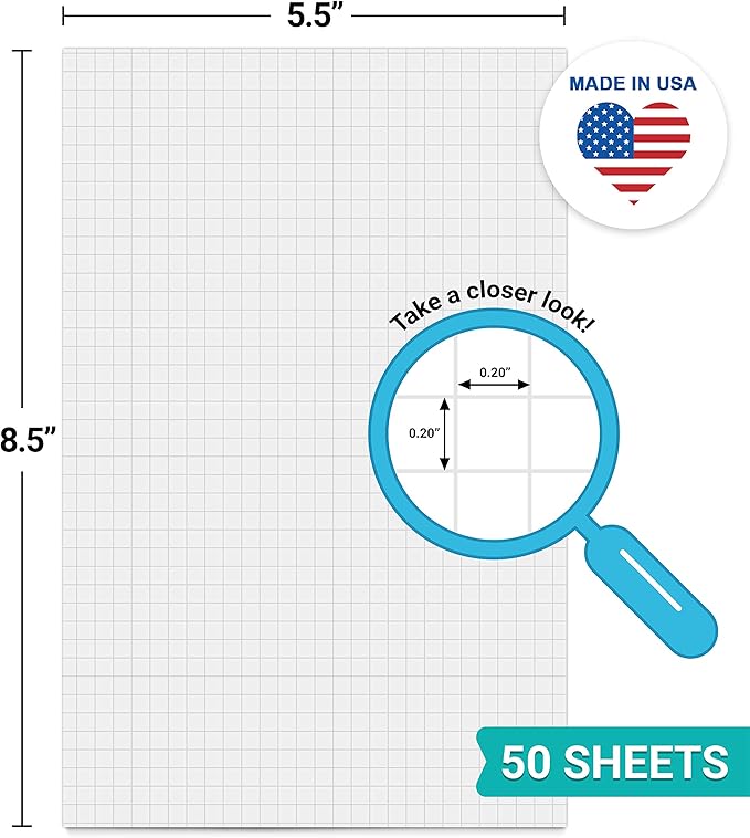 321Done Graph Paper Notepad - 50 Sheets (5.5" x 8.5") - 0.20" Grid Planning Note Pad - Thick Premium Paper - Made in USA - Plain White