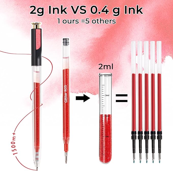 Retractable Glitter Gel Pens, 12 Colors Large Capacity Red Pink Glitter Metallic Gel Ink Pens, 1 mm Fine Point Smooth Writing Color Pens for Adult Coloring Book Note Taking Aesthetic Art Supplies