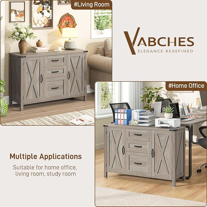 Vabches File Cabinet with 3 Drawers, Farmhouse Lateral File Cabinet Fits Files Letter/A4 Size, Wooden Filing Cabinet with Door and Adjustable Shelves Printer Stand for Home Office, Rustic Grey