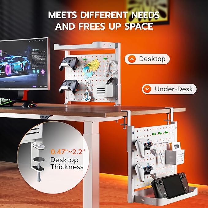 ARES WING Clamp On Desk Pegboard with 16 inches Organizer Shelf, Adjustable Above or Under Desk Storage Shelf Holds 44 lbs, Magnetic Metal Peg Board for Office and Gaming Accessories, White