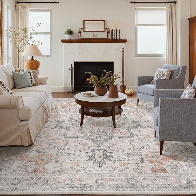 GENIMO 4x6 Area Rugs for Living Room, Machine Washable Low Pile Vintage Rugs, Non Slip Lightweight Chenille Print Rug for Bedroom, Dining Room, Home Office, Light Taupe Brown