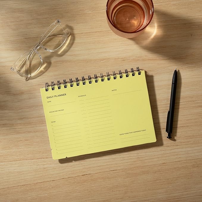 Undated Daily Planner Notebook – Spiral Bound A5 (5.75" x 8.5"), 60 Pages, Yellow Cover | Simple Organizer for Work, School & Personal Goals