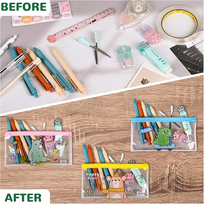 Ulema 36 Pcs Back to School Gifts Cartoon Mesh Pencil Pouch Bags Plastic Zipper Pouch 8×4 Inch for Classroom Organization School Office Supplies (36)