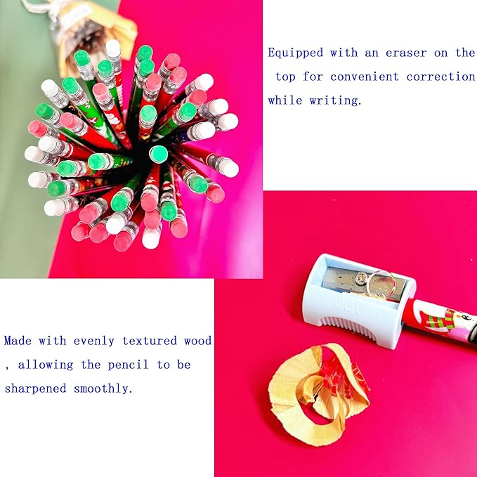 Jsehchya 72PCS Wooden cased Christmas Pencils for Kids with Erasers, Wood Pencils for School,Drawing,Gift (72PCS) (Christmas, 72)