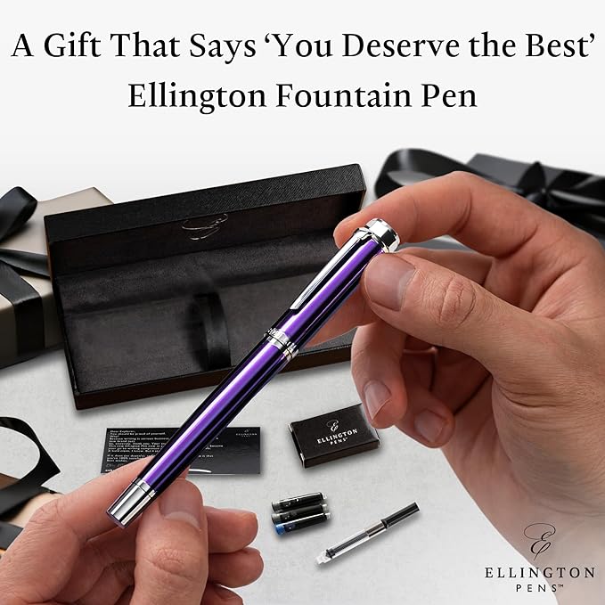 Ellington Pens Luxury Fountain Pen Set - Smooth Medium Nib - Includes 3 Ink Cartridges, Refillable Ink Converter, Gift Box - Fountain Pens For Writing, Calligraphy, Journaling, Sketching (Purple Haze)