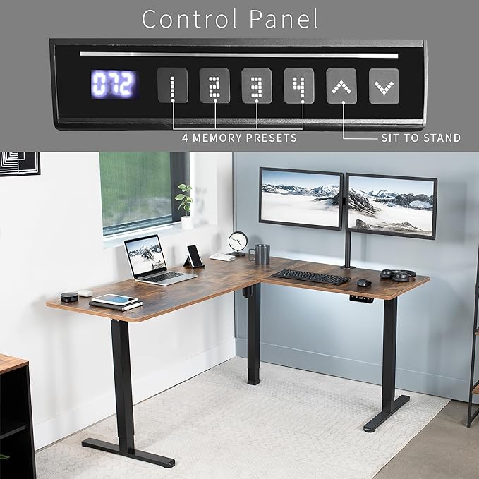 VIVO Electric Corner 63 x 55 inch L-Shaped Standing Desk, Memory Height Adjustment, Rustic Vintage Brown Top Black Frame, DESK-E3CTN