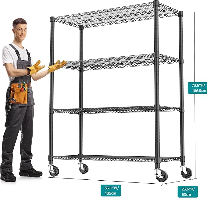 M MZG 4 Tiers Shelf 2640 lbs Steel Storage Shelving Utility Shelving Unit Steel Organizer Wire Rack for Home,Kitchen,Office,Garage Black 23.6" D x 53.1" W x 73.6" H