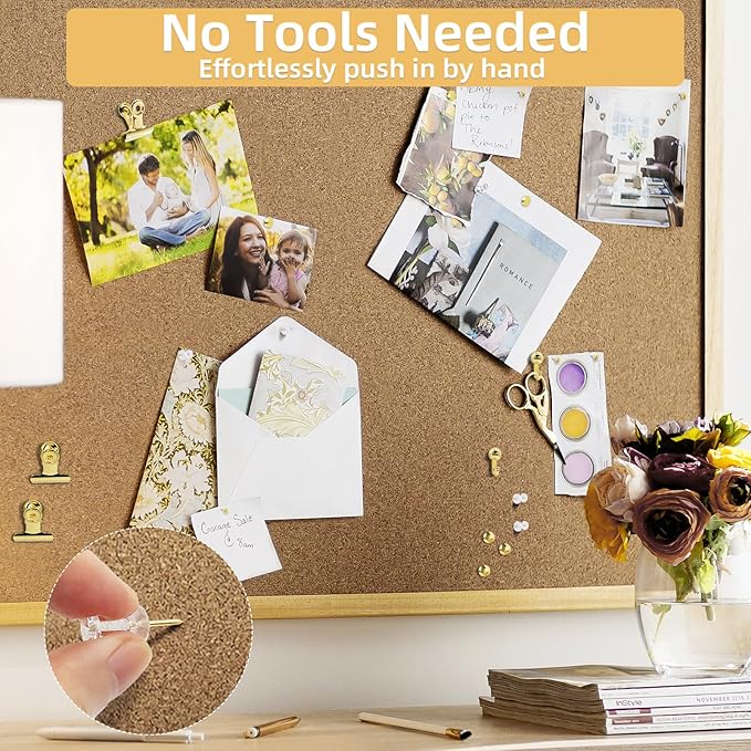 Gold Push Pins Set, 310 Pcs Decorative Thumb Tacks for Cork Board with Push Pin Hooks & Clips, 5 Styles Office Pushpins Set in Storage Box for Bulletin Board, Maps, Photos, Notes