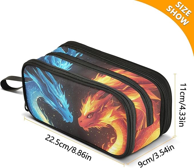 BOENLE Dragons Red Blue Fire Eyes Pencil Case Box Boys Girls Large Pencil Pouch with Zipper Compartments Big Capacity Stationery Pen Bag Organizer for Kids Teens Adults School