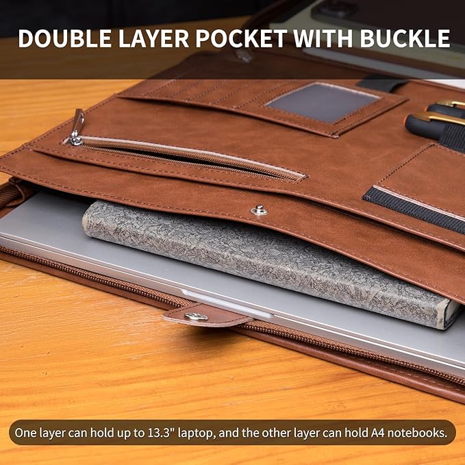 Geslun Personalized Vegan Leather Portfolio, Legal Size 8.5 x 14 Pad Holder, Custom Business Padfolio for Men Women, Zippered 14" Laptop Organizer, Professional Notepad Folio, Brown