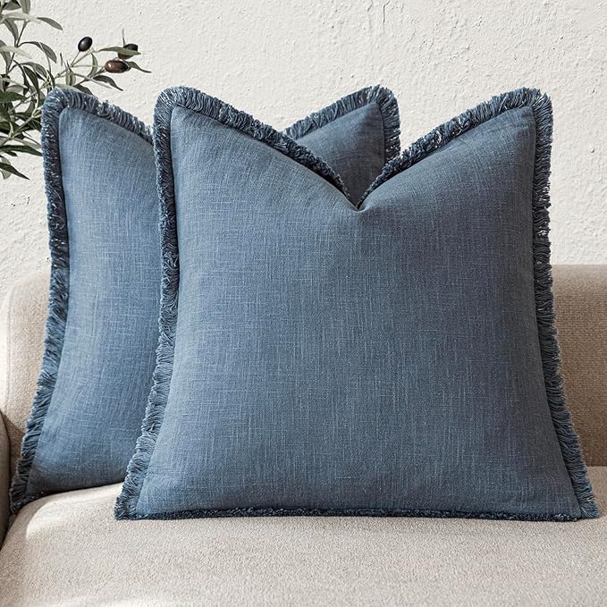 Foindtower Set of 2 Decorative Linen Fringe Throw Pillow Covers Cozy Farmhouse Cushion Cover with Tassels Accent Pillowcase for Couch Chair Sofa Bed Living Room Home Decor,22×22 Inch,Dark Blue
