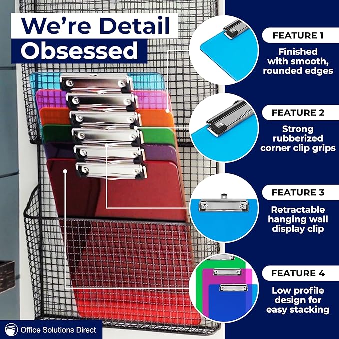 Plastic Clipboards with Low Profile Clip (Set of 12) - 12.5 x 9 Inch Multi Color, Holds 100 Sheets