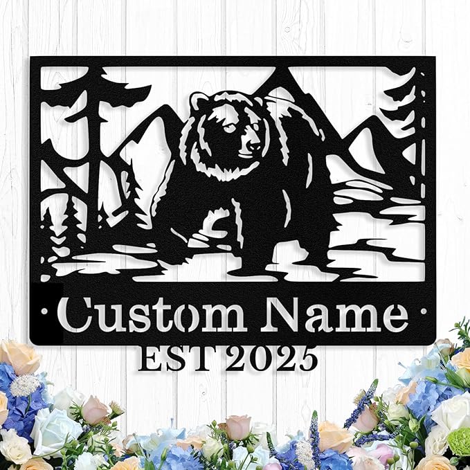 Custom Bear Metal Sign, Custom Bear Metal Wall Art Decor, Personalized Last Name Signs for Home, Rustic Farmhouse Black Wall Decor for Cabin, Bedroom, Living Room, Porch