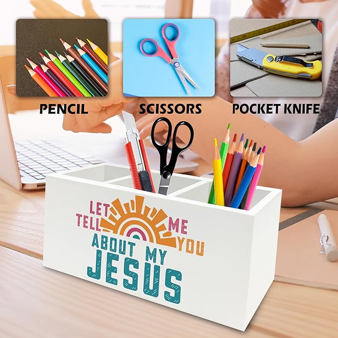 QZQE Boho Jesus Christian Pen Pencil Holder Organizer for Desk, Let Me Tell You about My Jesus Bible Verse Wooden Box Signs Decorations for Home Office Desk Tabletop